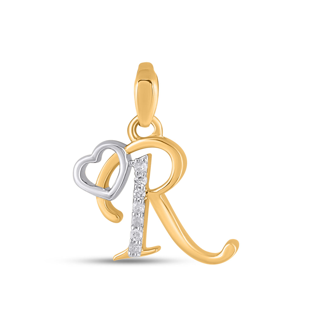 10K Yellow Gold Round Diamond R Letter Initial With Heart Pendant 1/10 Cttw