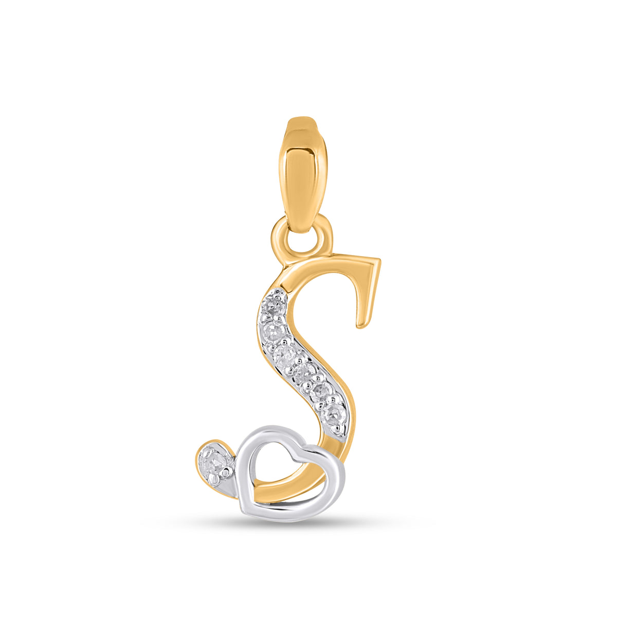 10K Yellow Gold Round Diamond S Letter Initial With Heart Pendant 1/10 Cttw