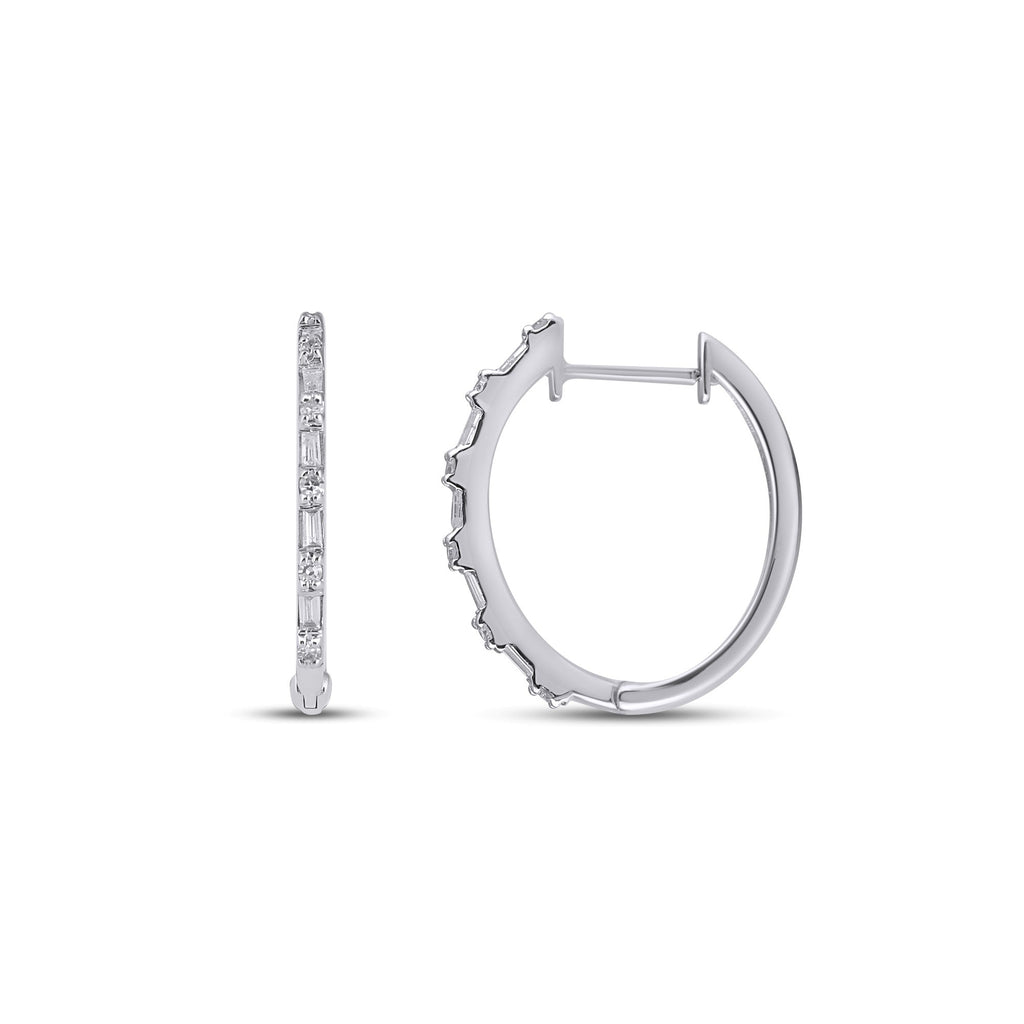 10K White Gold Round Baguette Diamond Designer Hoop Earring 1/5 Cttw