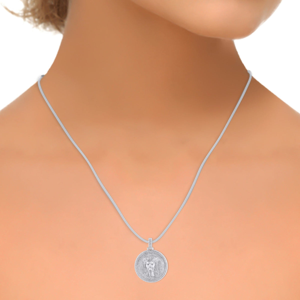10K White Gold Round Baguette Diamond Jesus Face Religious Pendant 2 Cttw
