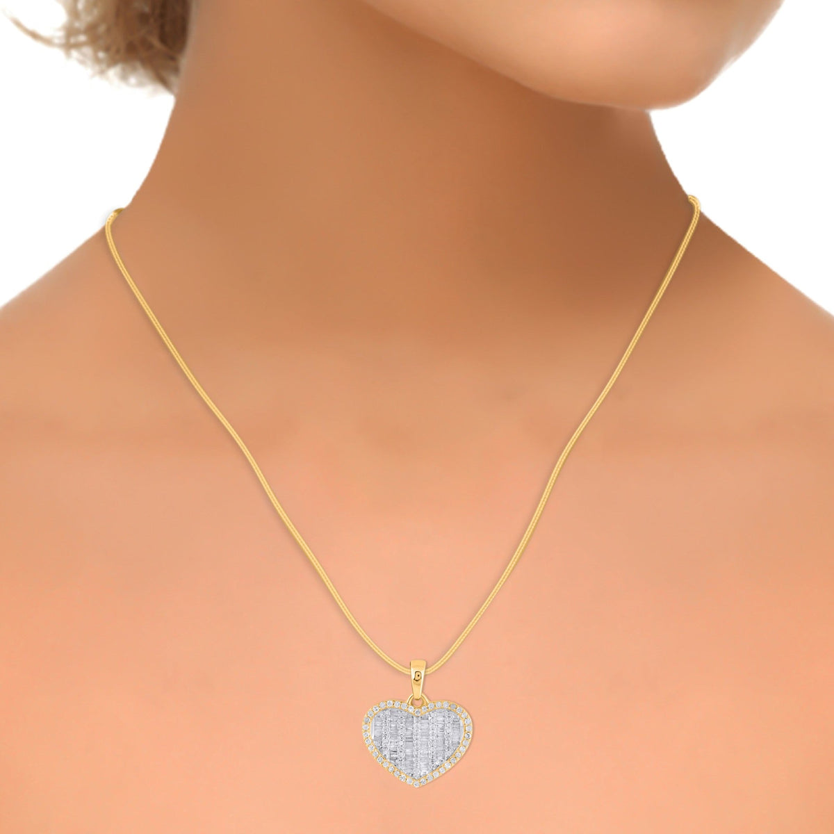 10K Yellow Gold Round Baguette Diamond Heart Pendant 1/2 Cttw
