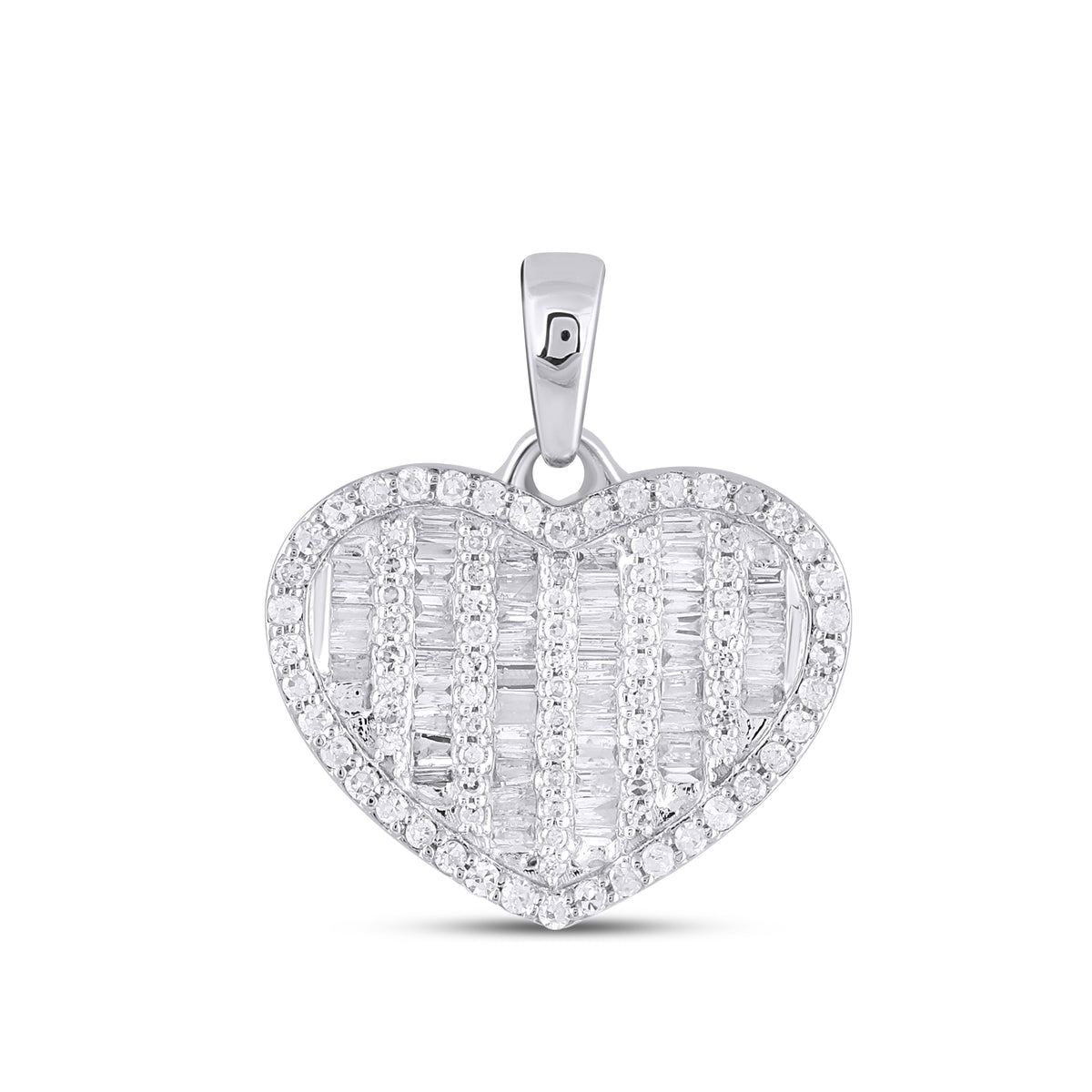 10K White Gold Round Baguette Diamond Heart Pendant 1/2 Cttw