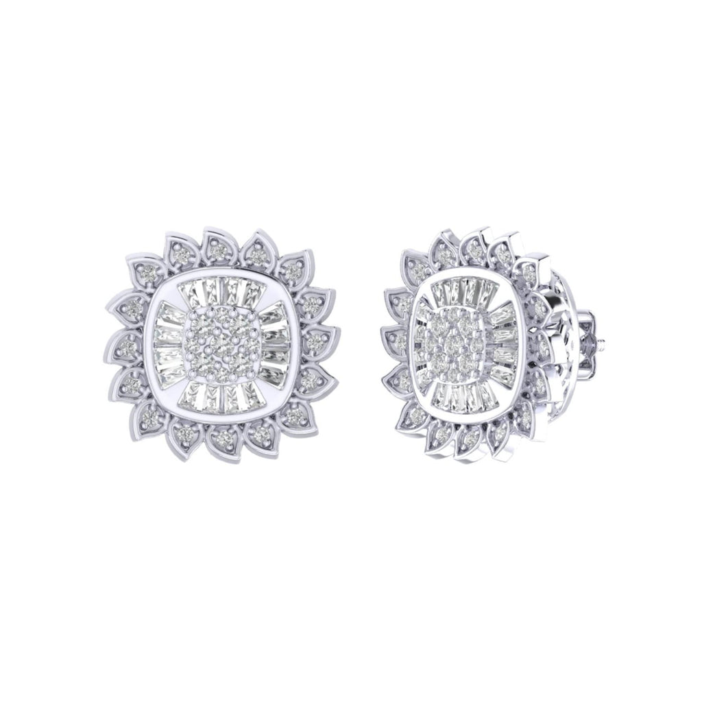 Sterling Silver Round Baguette Diamond Flower Designer Stud Earring RP+GP 3/8 Cttw