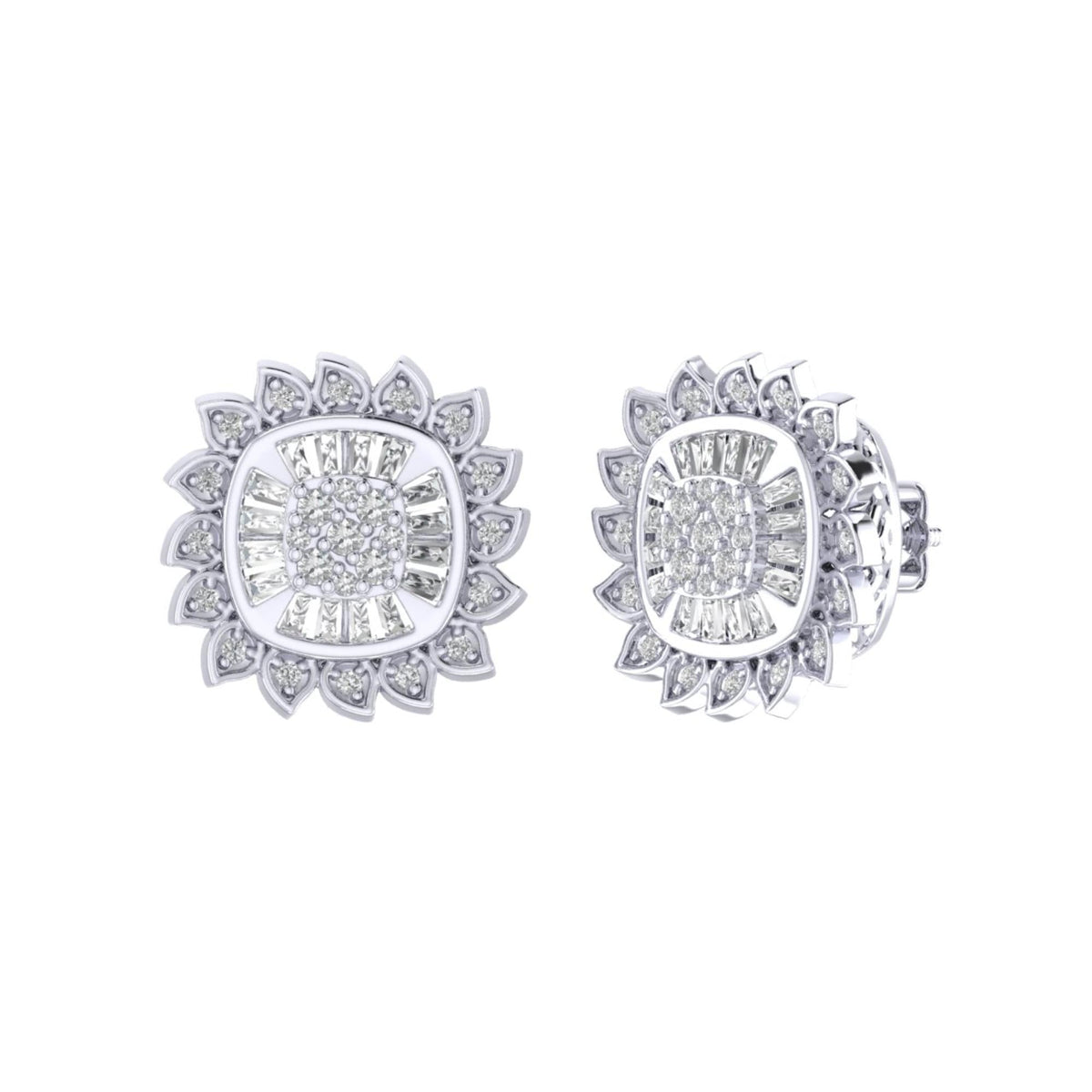 Sterling Silver Round Baguette Diamond Flower Designer Stud Earring RP+GP 3/8 Cttw