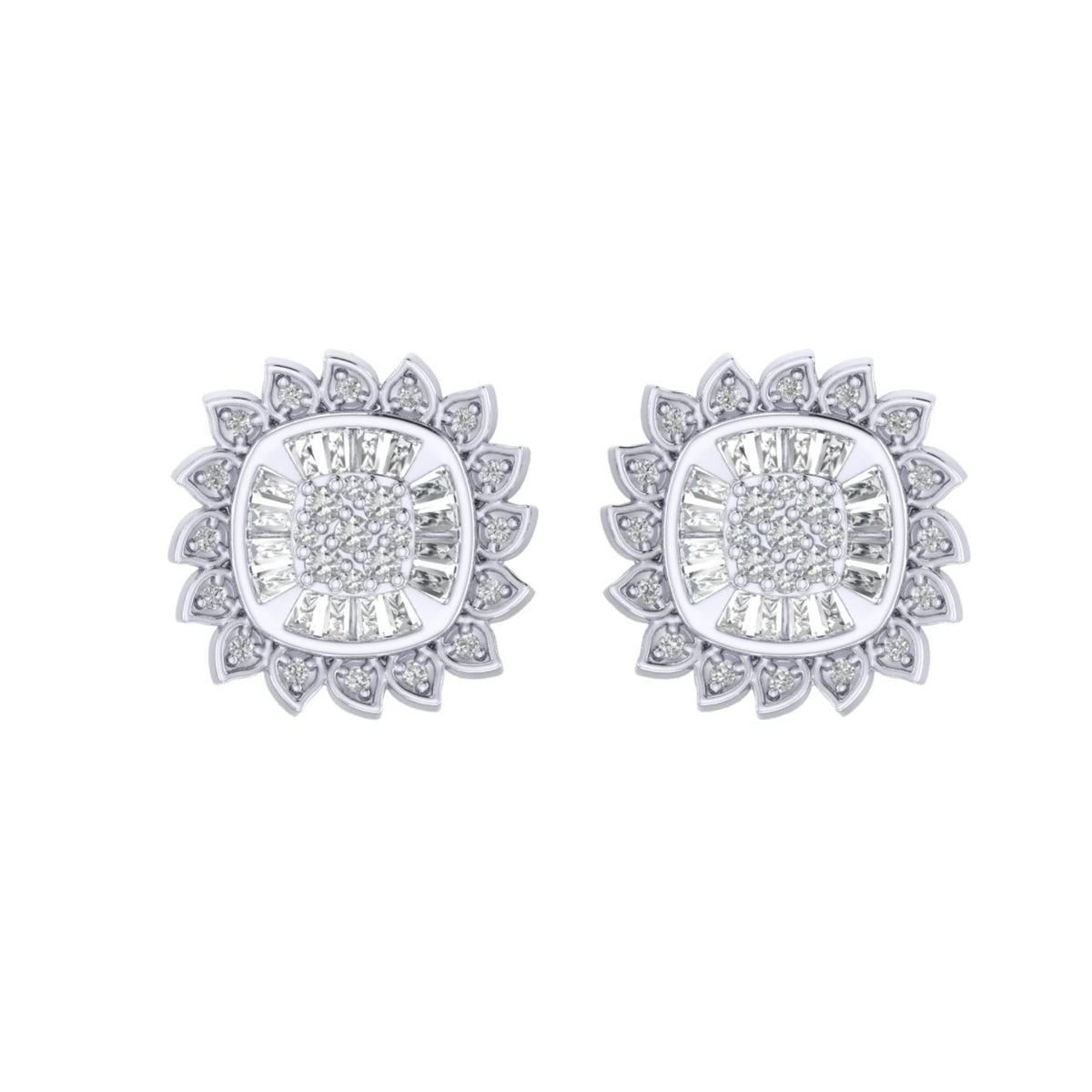 Sterling Silver Round Baguette Diamond Flower Designer Stud Earring RP+GP 3/8 Cttw