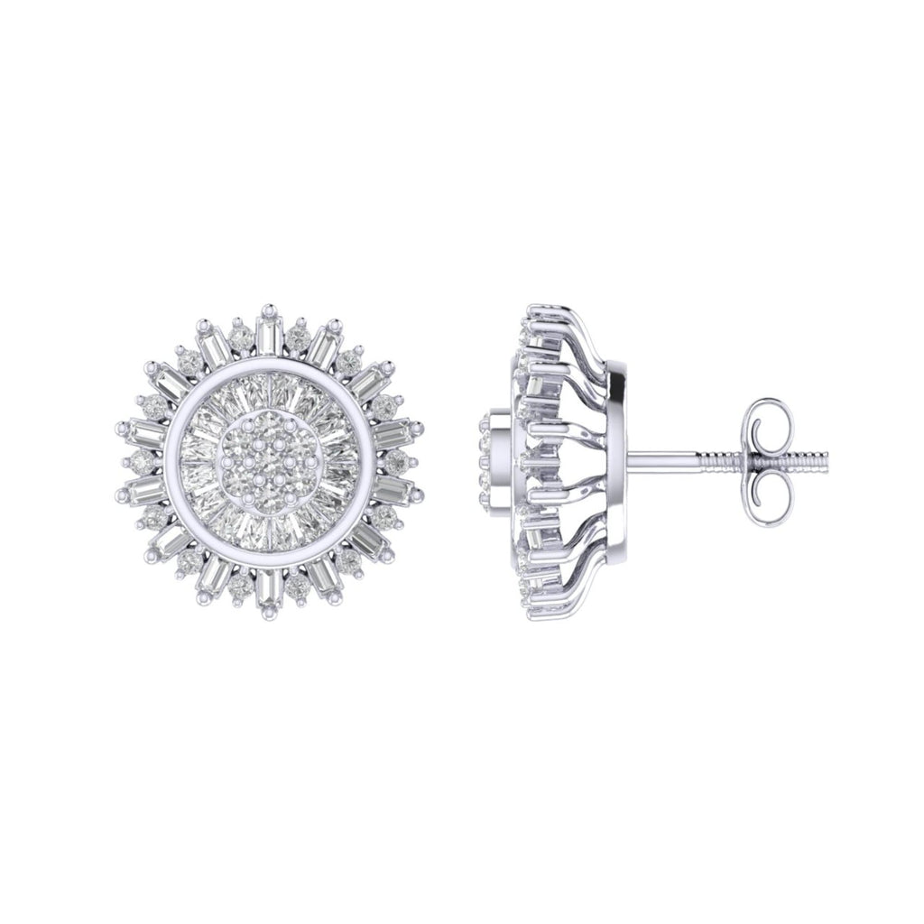 Sterling Silver Round Baguette Diamond Round Flower Designer Stud Earring RP 3/8 Cttw
