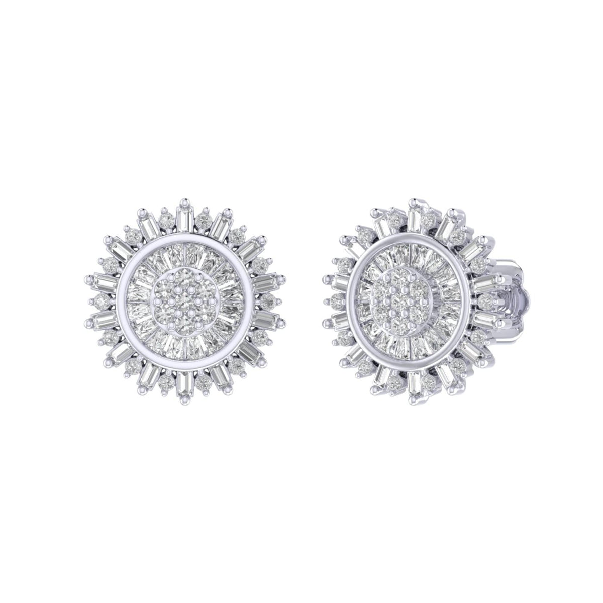Sterling Silver Round Baguette Diamond Round Flower Designer Stud Earring RP 3/8 Cttw