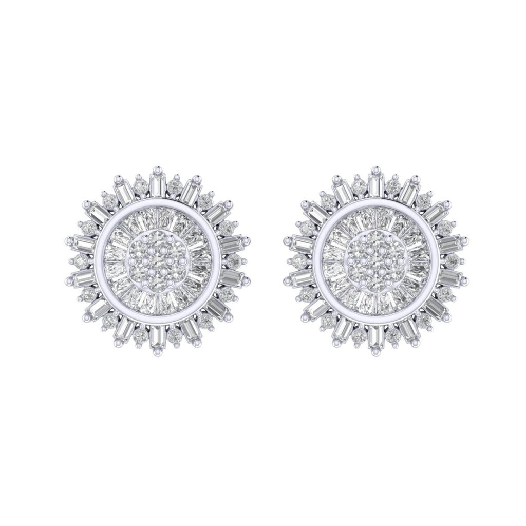 Sterling Silver Round Baguette Diamond Round Flower Designer Stud Earring RP 3/8 Cttw