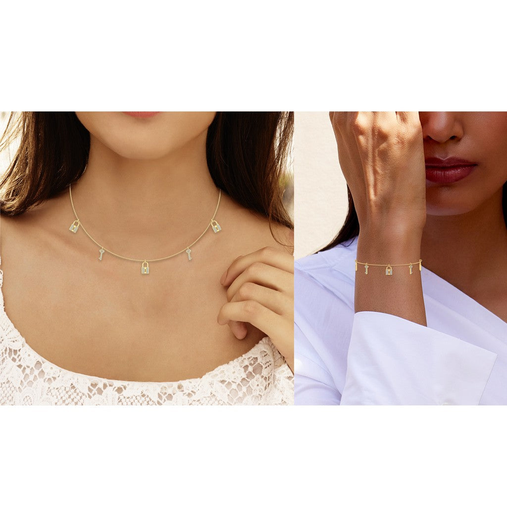 14K Yellow Gold Lock & Key Link Necklace Bracelet Jewelry Set 1/2 Cttw