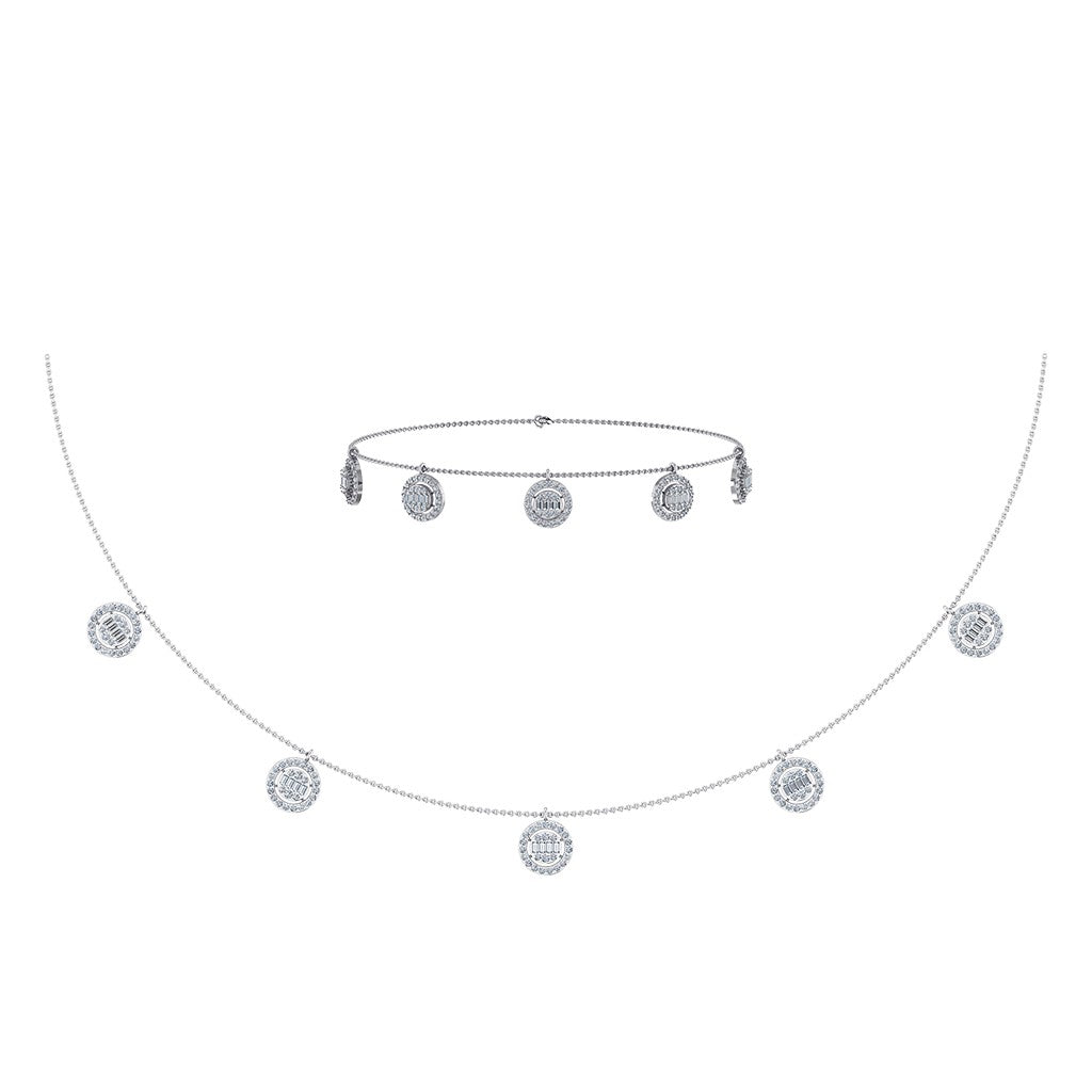 14K White Gold Baguette Round Necklace Bracelet Set 1 Cttw