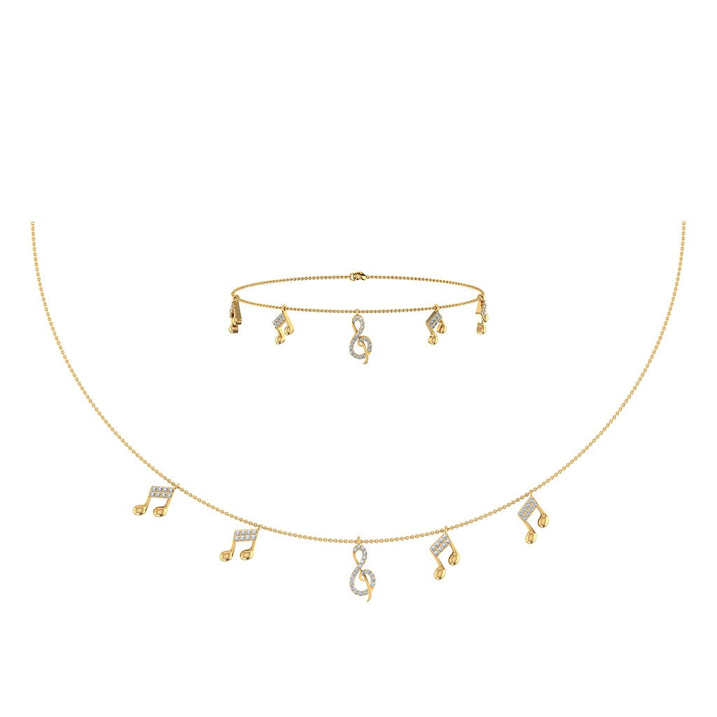 14K Yellow Gold Music Note Necklace Bracelet Set 1/3 Cttw
