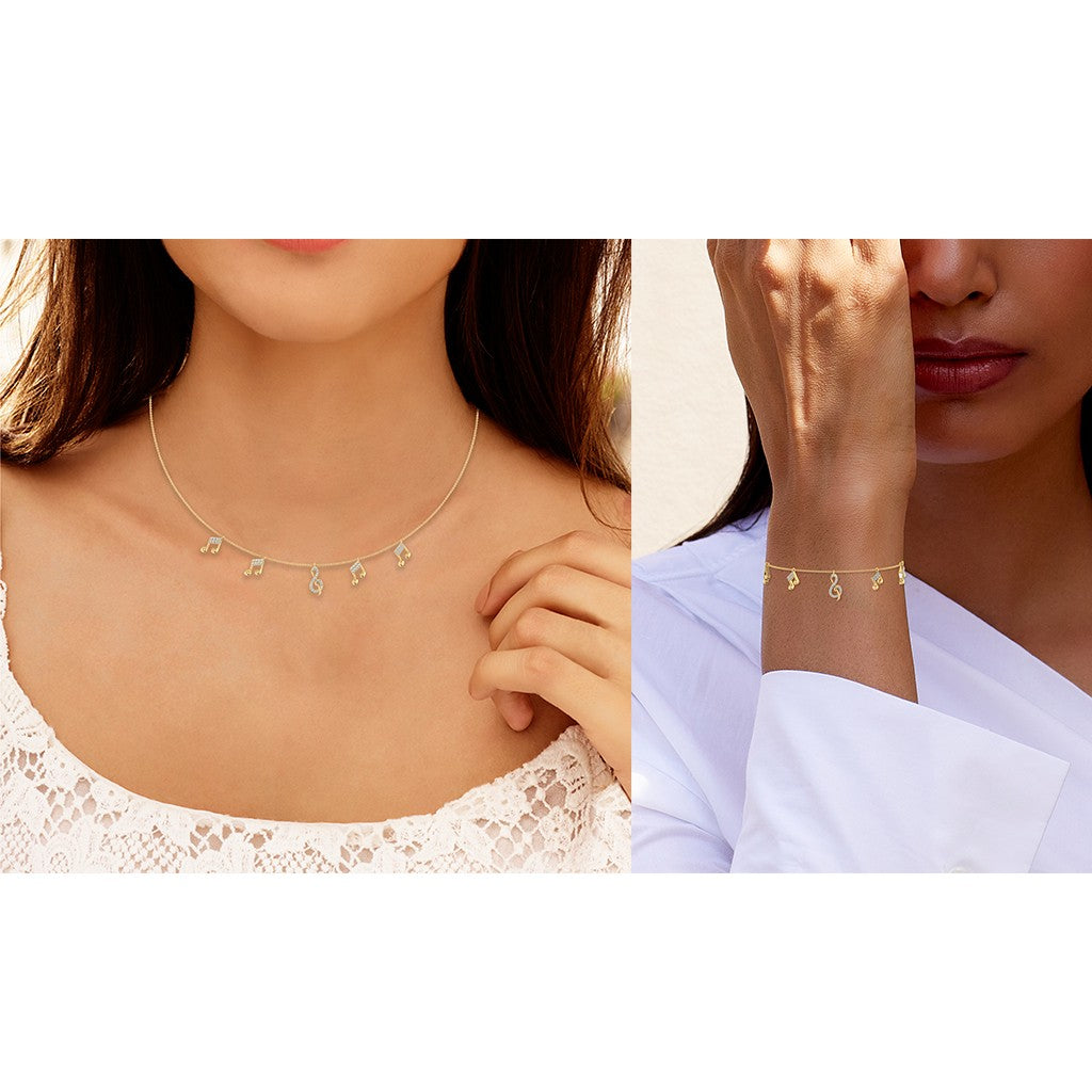 14K Yellow Gold Music Note Necklace Bracelet Set 1/3 Cttw