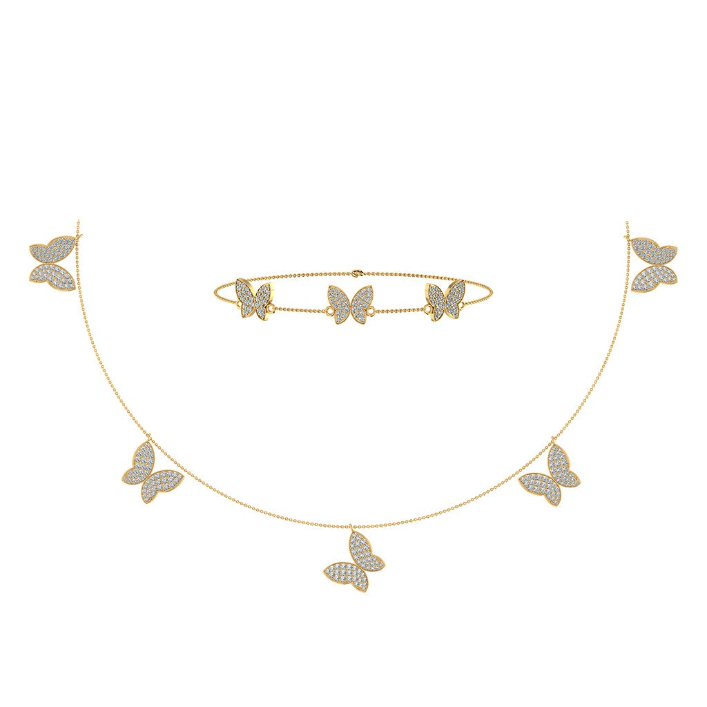 14K Yellow Gold Butterfly Necklace Bracelet Set 1-7/8 Cttw