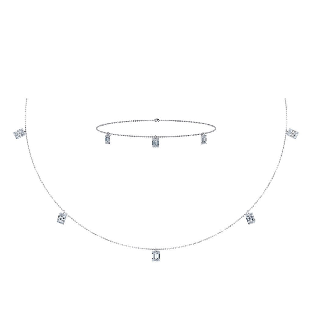14K White Gold Baguette Link Necklace Bracelet Set 7/8 Cttw