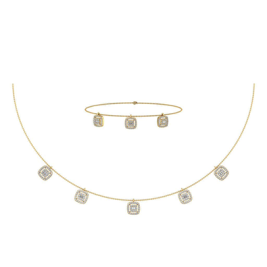 14K Yellow Gold Square Necklace Bracelet Set 1-1/3 Cttw