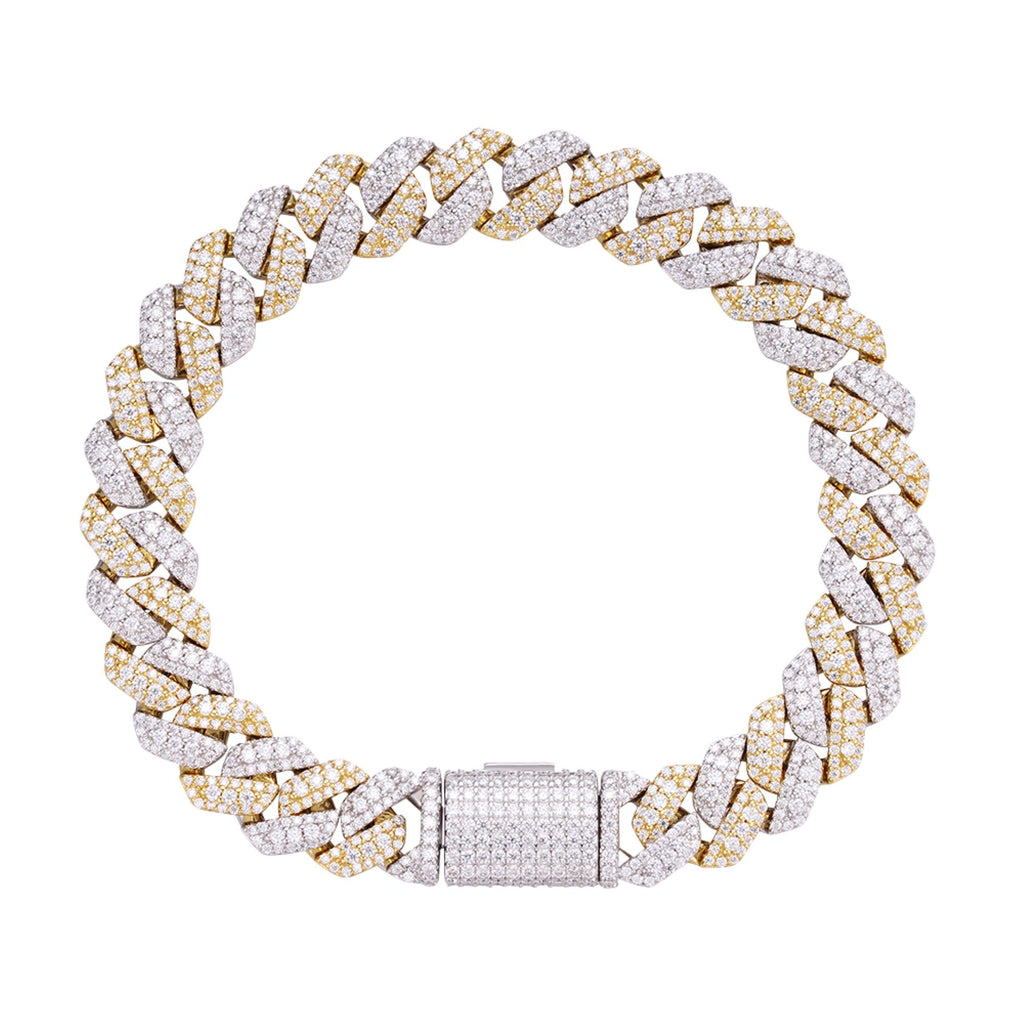 Sterling Silver Round Big Stone in Center Surrounded with Small Stones 10mm Moissanite Cuban Chain 8 Inch Bracelet RP+GP 6-7/8 Cttw