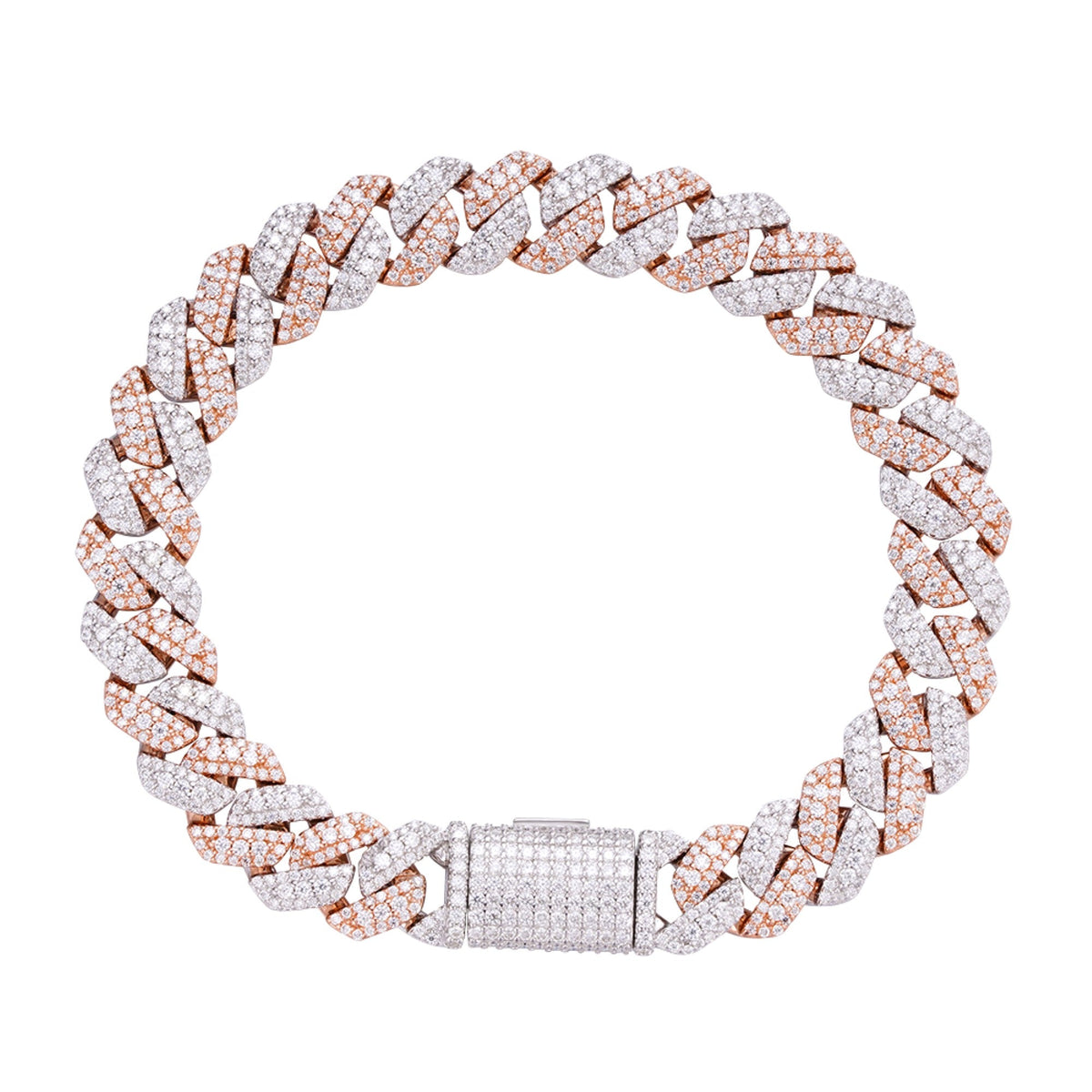 Sterling Silver Round Big Stone in Center Surrounded with Small Stones 10mm Moissanite Cuban Chain 8 Inch Bracelet RP+PP 6-7/8 Cttw