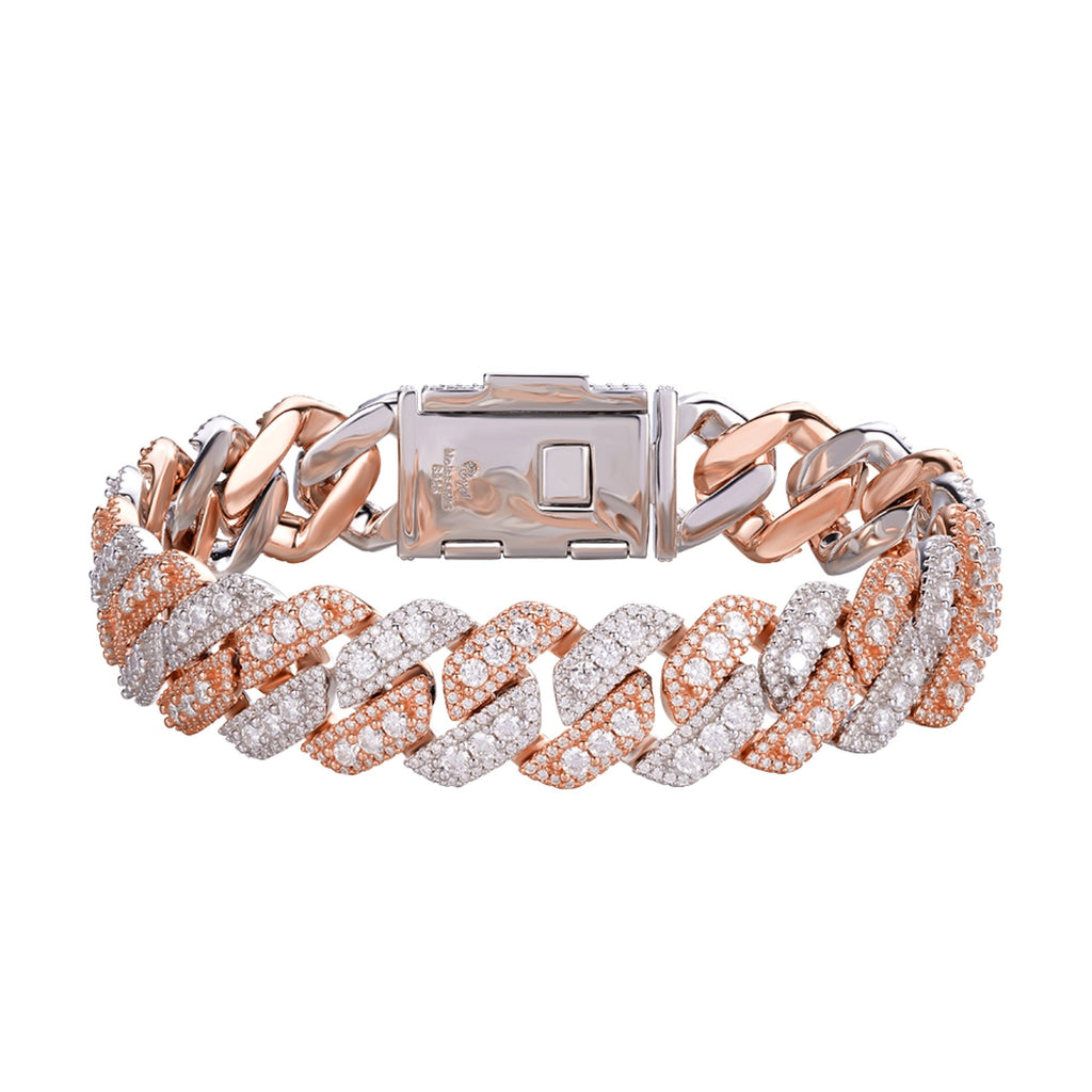 Sterling Silver Round Big Stone in Center Surrounded with Small Stones 14mm Moissanite Cuban Chain 8.5 Inch Bracelet RP+PP 12-3/4 Cttw
