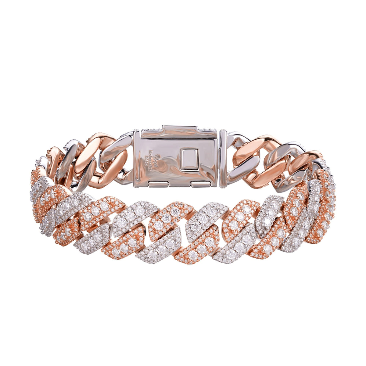 Sterling Silver Round Big Stone in Center Surrounded with Small Stones 14mm Moissanite Cuban Chain 8.5 Inch Bracelet RP+PP 12-3/4 Cttw