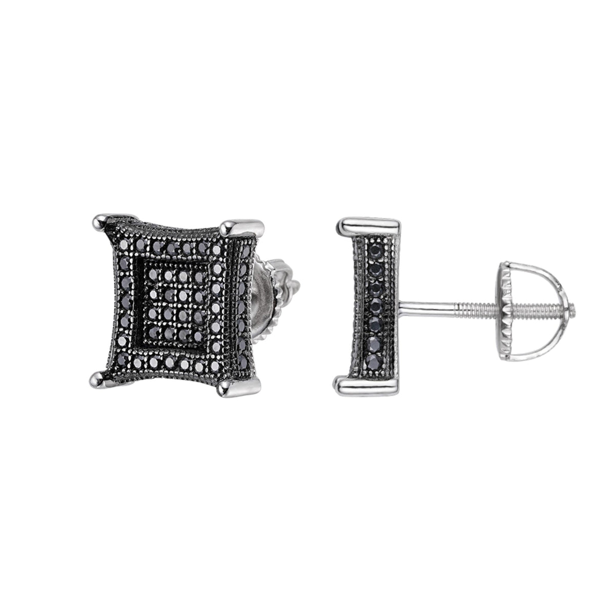Sterling Silver Round Black Moissanite Square Shape Stud Earrings BP+RP 7/8 Cttw