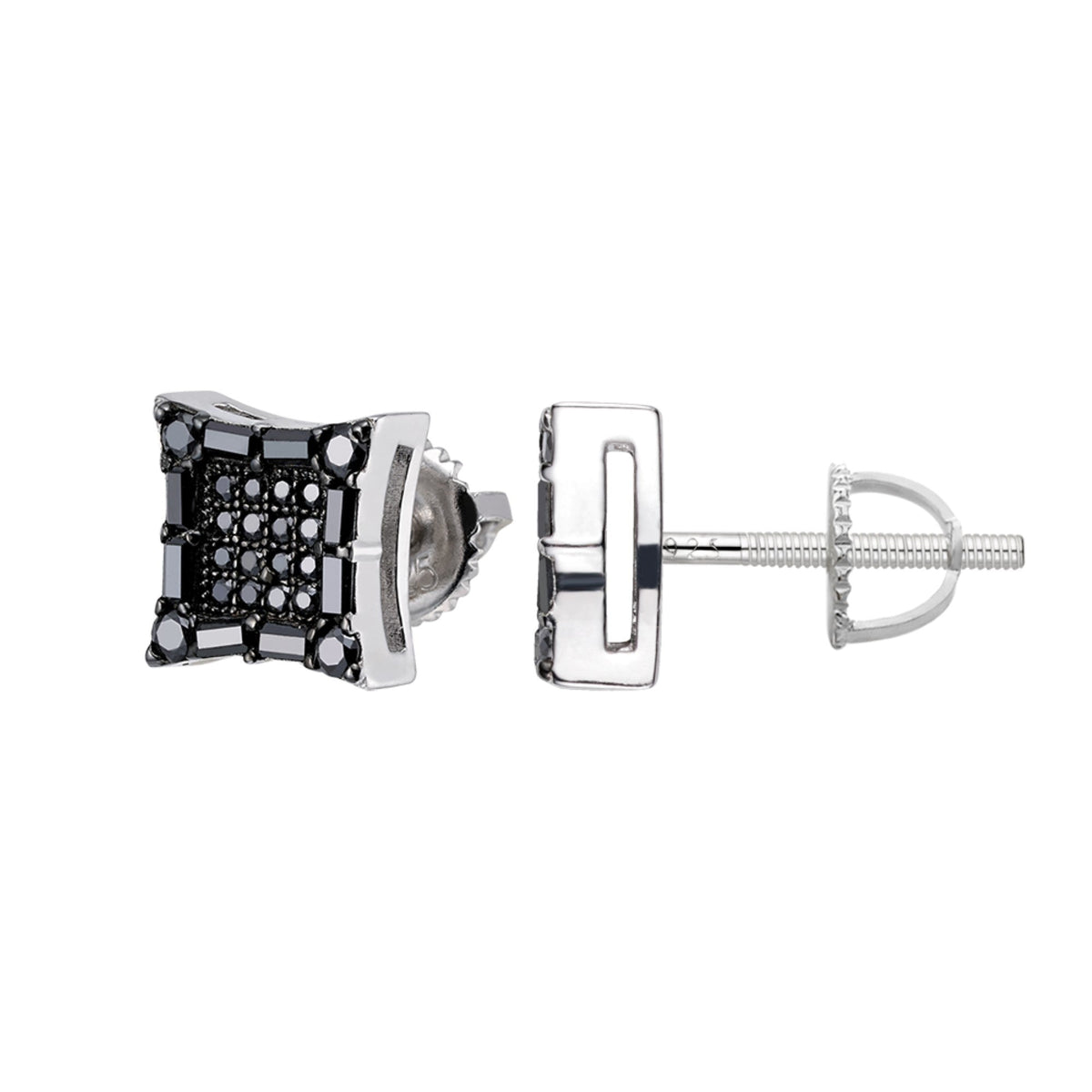 Sterling Silver Round Baguette Black Moissanite Square Shape Stud Earrings BP+RP 5/8 Cttw