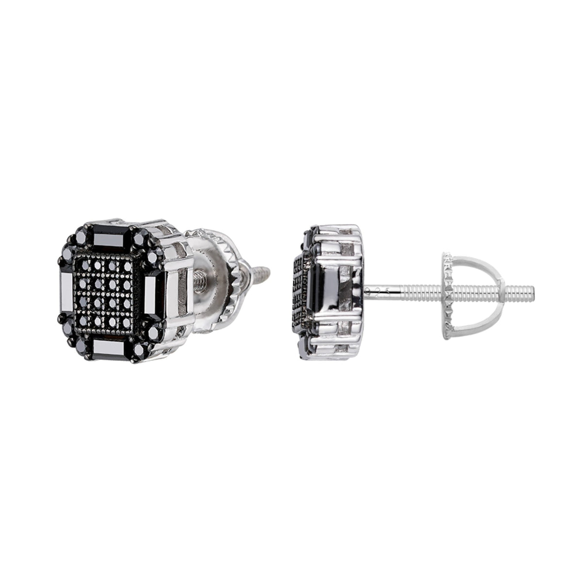 Sterling Silver Round Baguette Black Moissanite Square Shape Stud Earrings BP+RP 7/8 Cttw