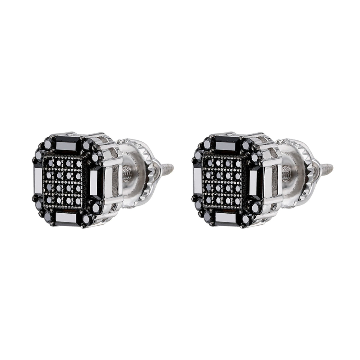 Sterling Silver Round Baguette Black Moissanite Square Shape Stud Earrings BP+RP 7/8 Cttw