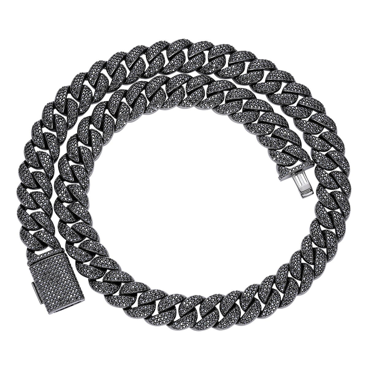 Sterling Silver 15mm Round Black Moissanite Miami Cuban Chain 22 Inch Mens Necklace BP+BP 27-1/3 Cttw