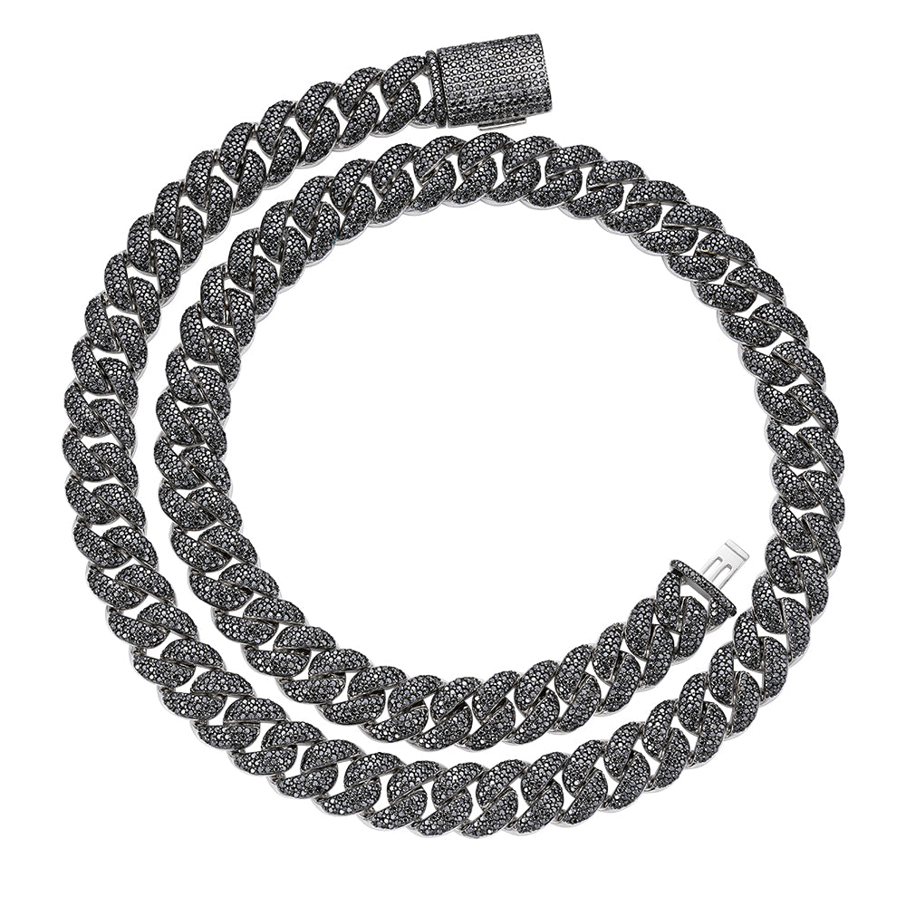 Sterling Silver 12mm Round Black Moissanite Miami Cuban 22 Inch Mens Necklace RP+BP 19-5/8 Cttw