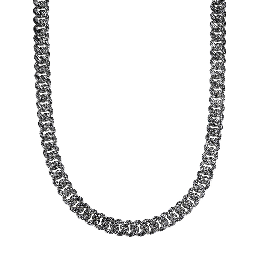 Sterling Silver 12mm Round Black Moissanite Miami Cuban 22 Inch Mens Necklace RP+BP 19-5/8 Cttw