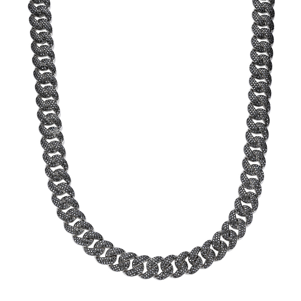 Sterling Silver 15mm Round Black Moissanite Miami Cuban 22 Inch Mens Necklace RP+BP 27-1/3 Cttw
