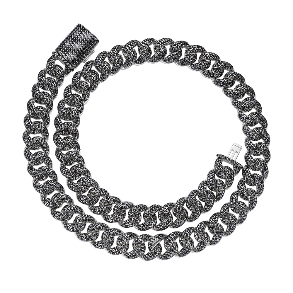 Sterling Silver 15mm Round Black Moissanite Miami Cuban 22 Inch Mens Necklace RP+BP 27-1/3 Cttw
