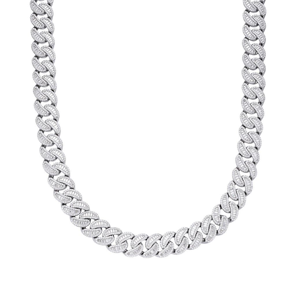 Sterling Silver Round 15mm Moissanite Round and Baguette in Centre Cuban 22 Inch Necklace RP 40-1/5 Cttw