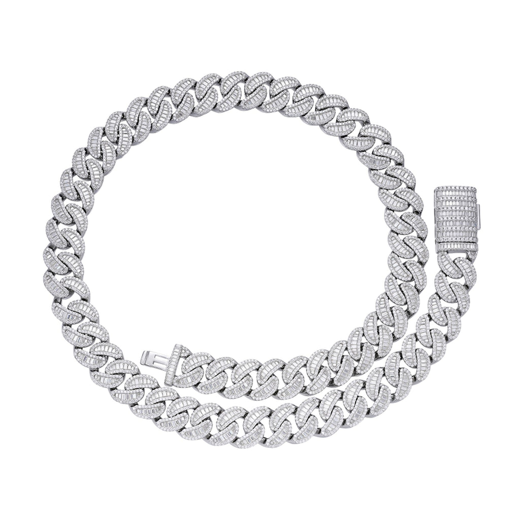 Sterling Silver Round 15mm Moissanite Round and Baguette in Centre Cuban 22 Inch Necklace RP 40-1/5 Cttw