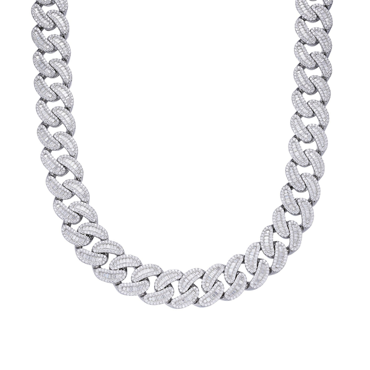 S.Silver Round 20mm Moissanite Round and Baguette in Centre Cuban 22 Inch Necklace RP 61-3/4 Cttw