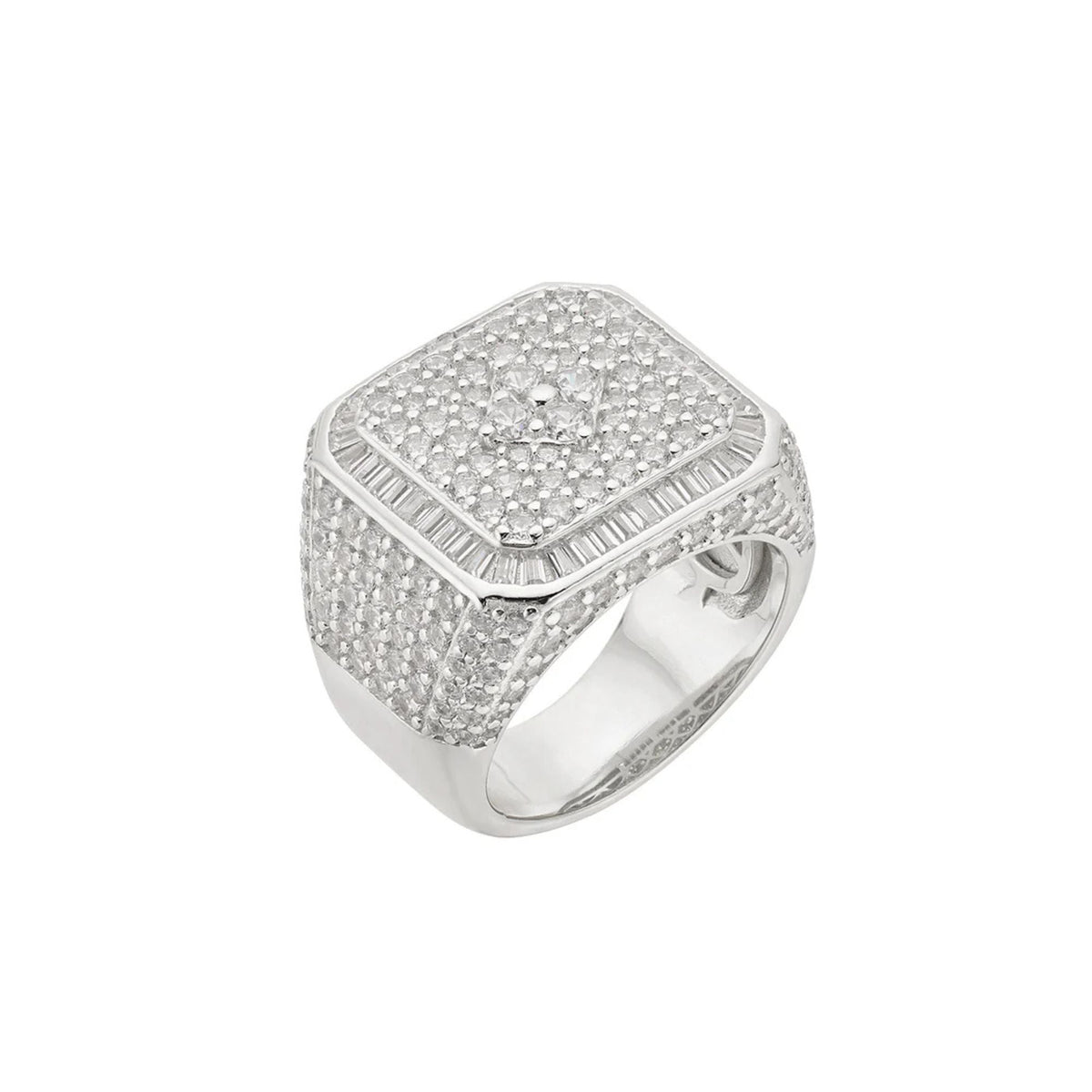 Sterling Silver Round Baguette Moissanite SZ 10 Designer Mens Ring RP 5-7/8 Cttw