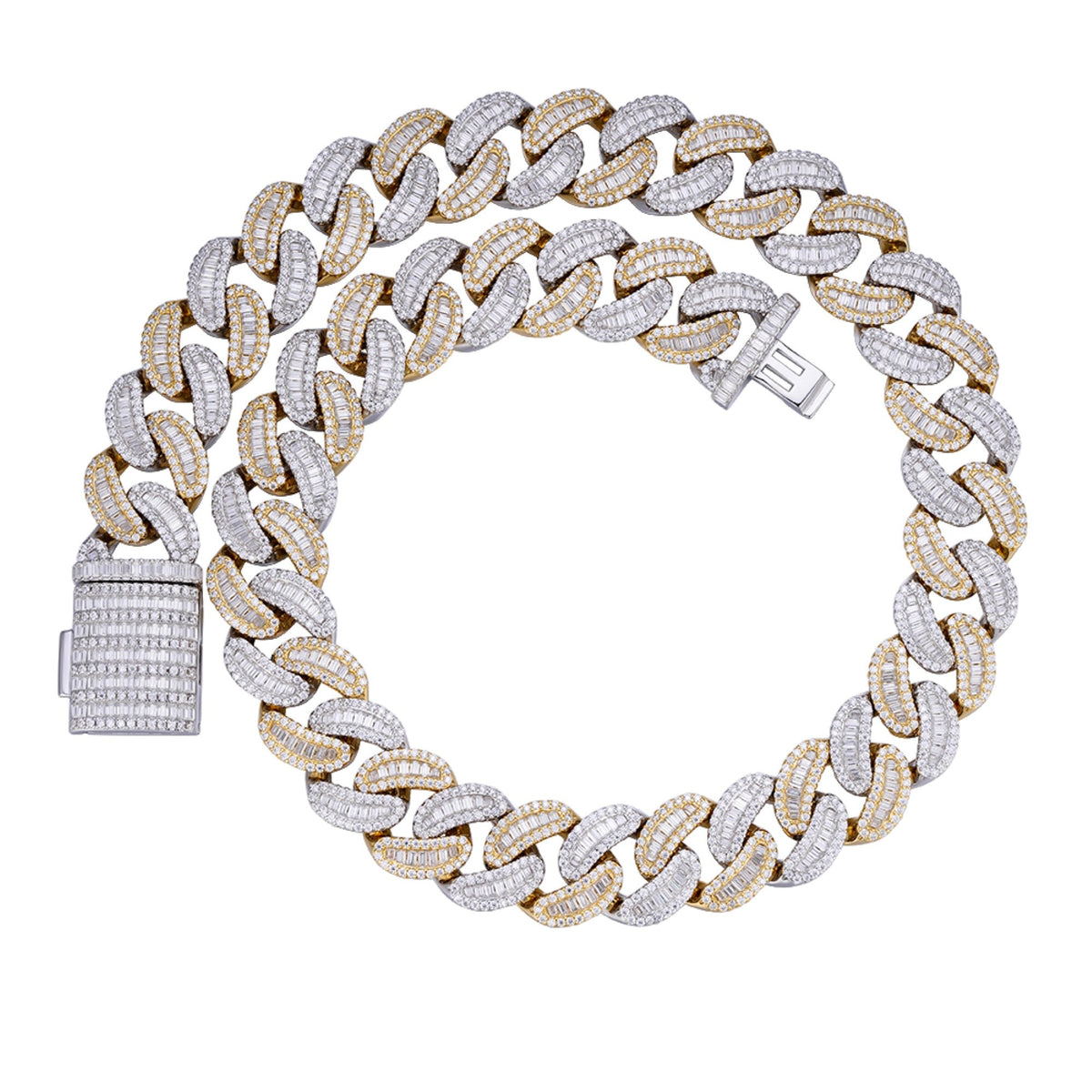 Sterling Silver Round 20mm Moissanite Round and Baguette in Centre Cuban 22 Inch Necklace RP+GP 61-3/4 Cttw