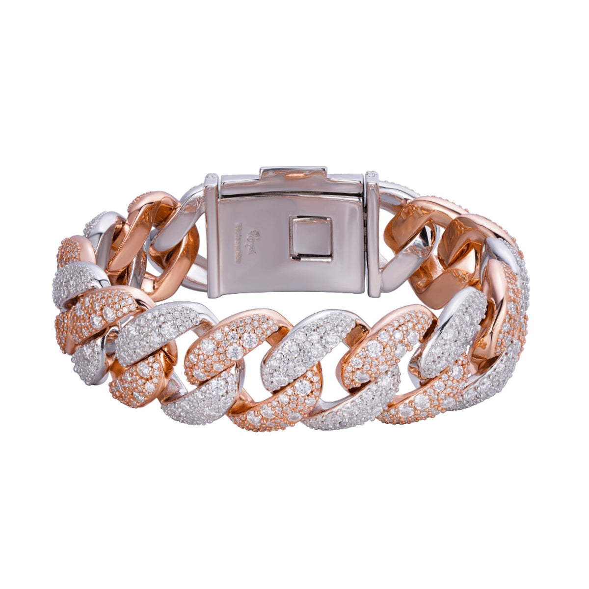 Sterling Silver Round 22mm Moissanite Miami Cuban 8.5 Inch Mosaic Setting Bracelet RP+PP 26 Cttw