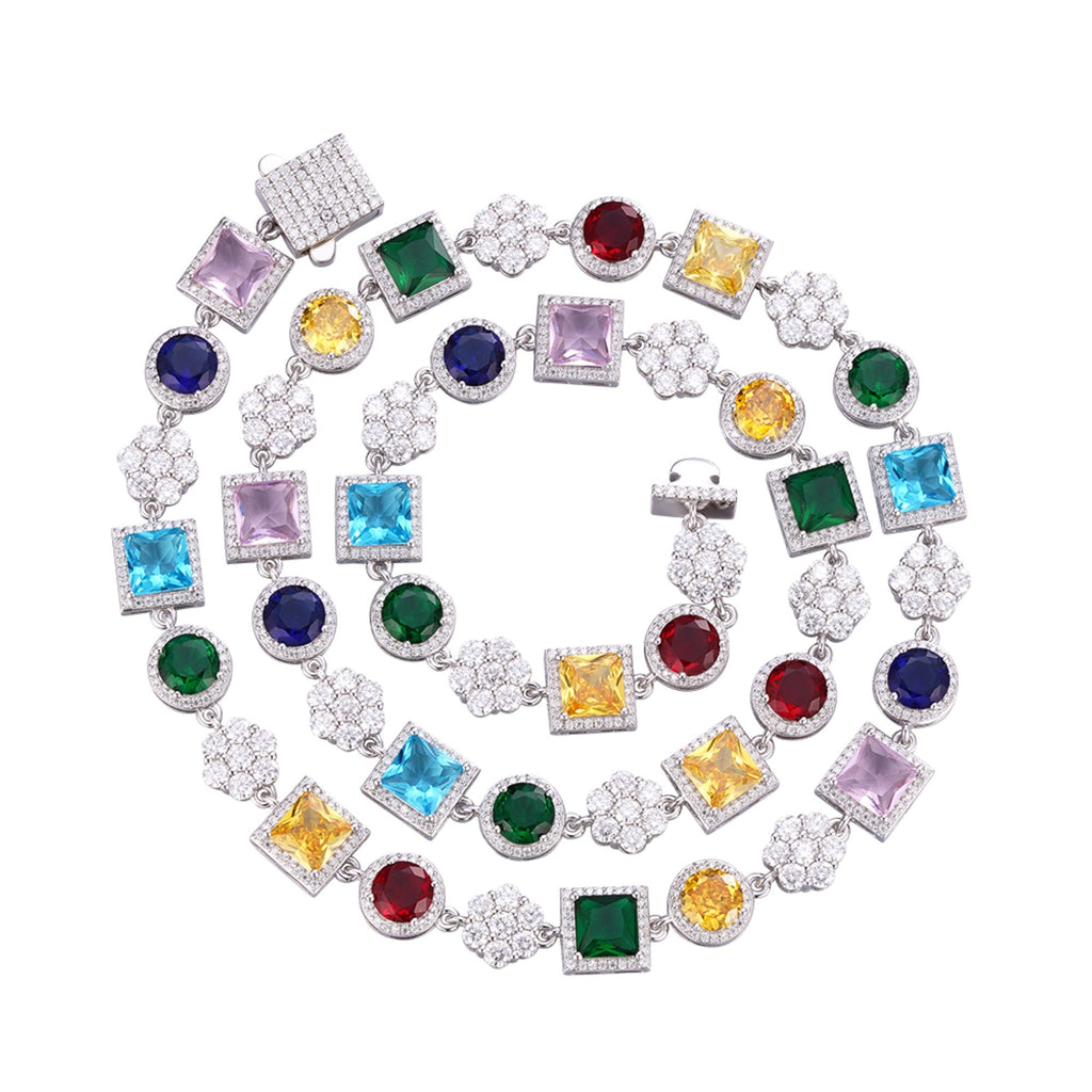 Sterling Silver Round Moissanite 7 Stone Flower with Color Stone Designer 22 Inch Necklace RP 16-3/8 Cttw