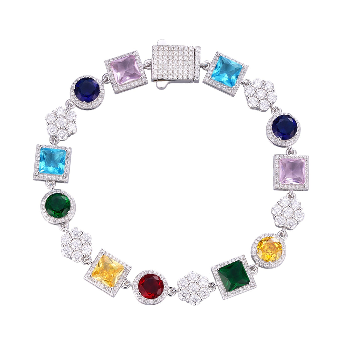 Sterling Silver Round Moissanite 7 Stone Flower with Color Stone Designer 8 Inch Bracelet RP 5-3/4 Cttw