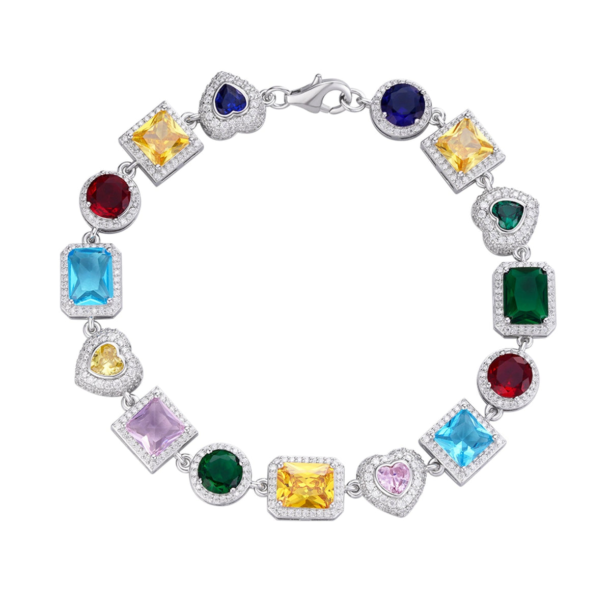 Sterling Silver Round Moissanite Heart with Color Stone Designer 8 Inch Bracelet RP 3-5/8 Cttw