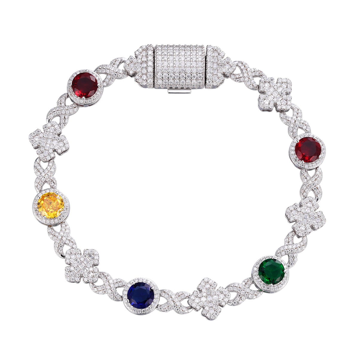Sterling Silver Round Moissanite Cross Infinity with Color Stone Designer 8 Inch Bracelet RP 5 Cttw