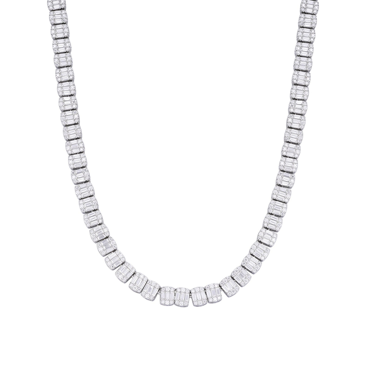 Sterling Silver 7mm Round Baguette Moissanite 20 Inch Designer Necklace RP 23-1/2 Cttw