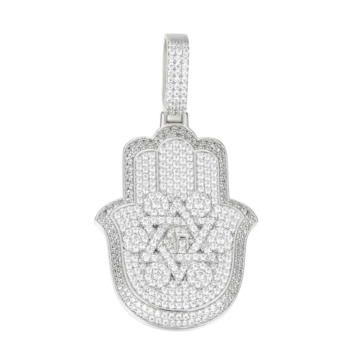 Sterling Silver Round Moissanite Hamza Hand Religious Pendant RP 3-5/8 Cttw