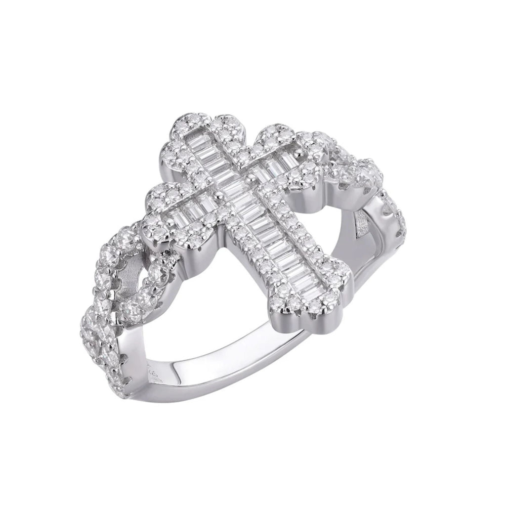 Sterling Silver Round Baguette Moissanite Cross Religious SZ 9 Ring RP 1-5/8 Cttw