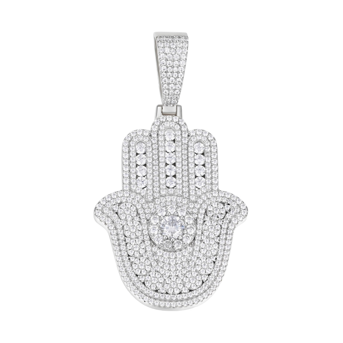 Sterling Silver Round Moissanite Hamza Hand Religious Pendant RP 4-3/8 Cttw