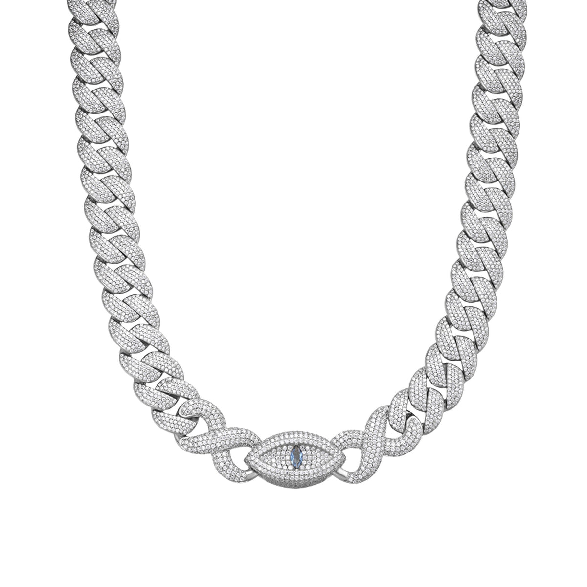 Sterling Silver Round Moissanite 18mm Inifinity Cuban With Evil Eye Designer 22 Inch Mens Necklace RP 35-3/4 Cttw