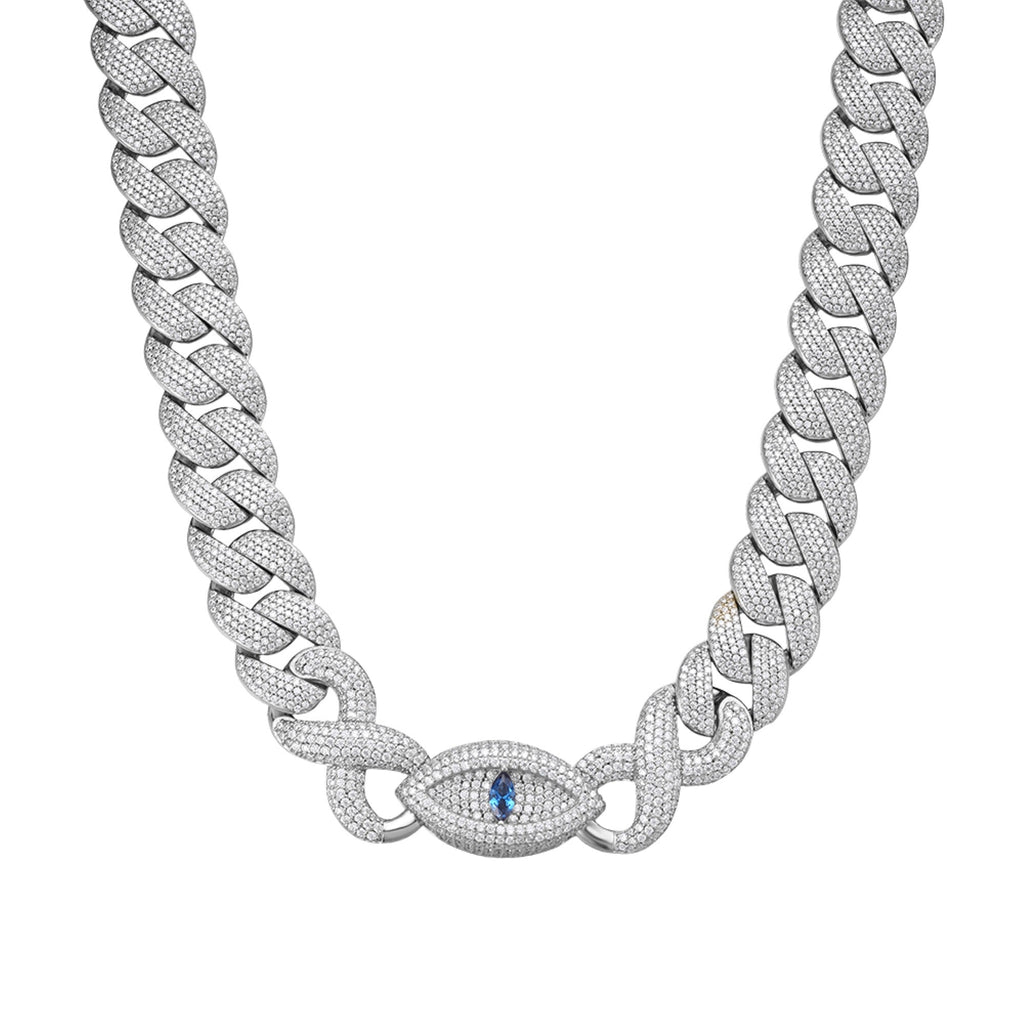 Sterling Silver Round Moissanite 15mm Inifinity Cuban With Evil Eye Designer 22 Inch Mens Necklace RP 27-1/8 Cttw