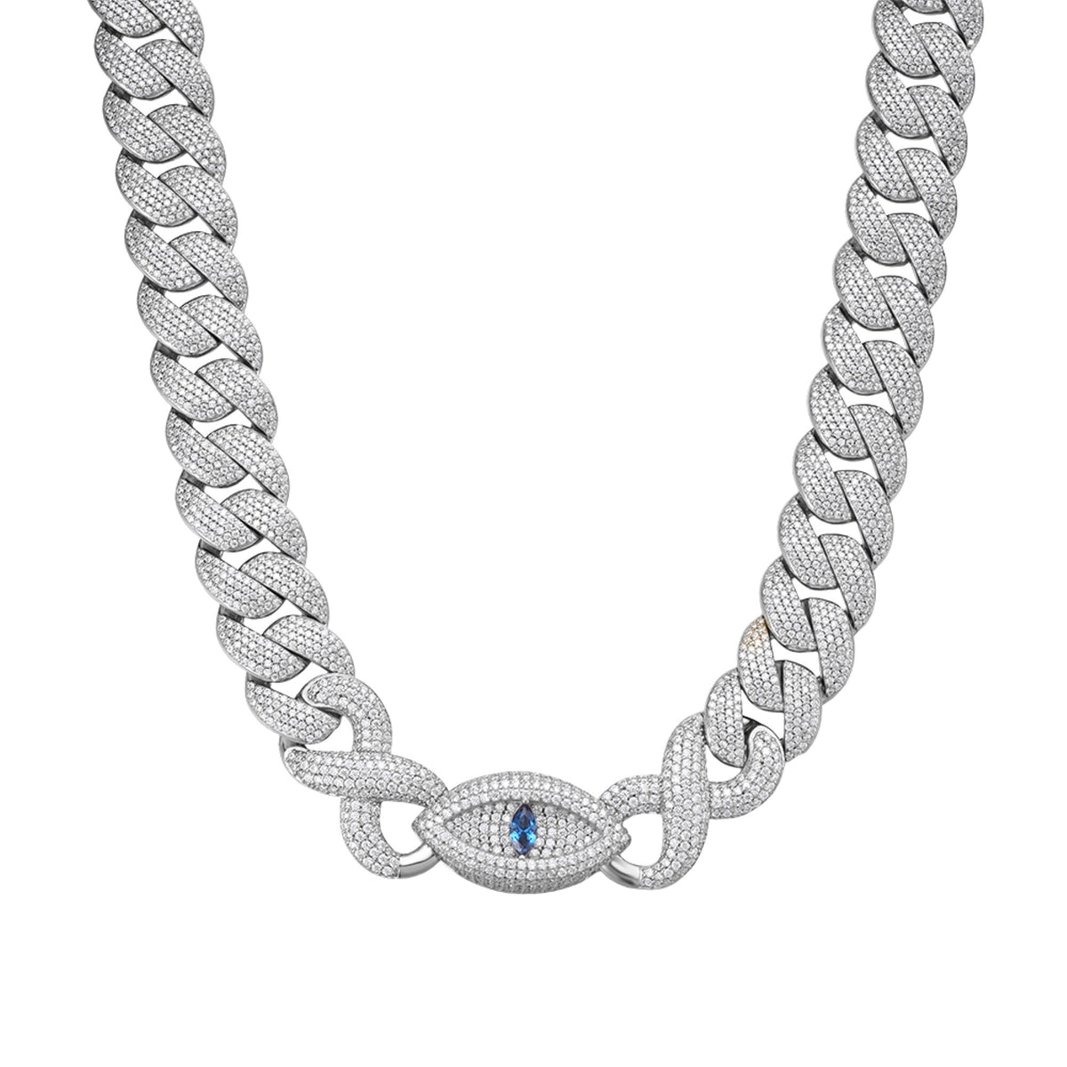Sterling Silver Round Moissanite 15mm Inifinity Cuban With Evil Eye Designer 22 Inch Mens Necklace RP 27-1/8 Cttw
