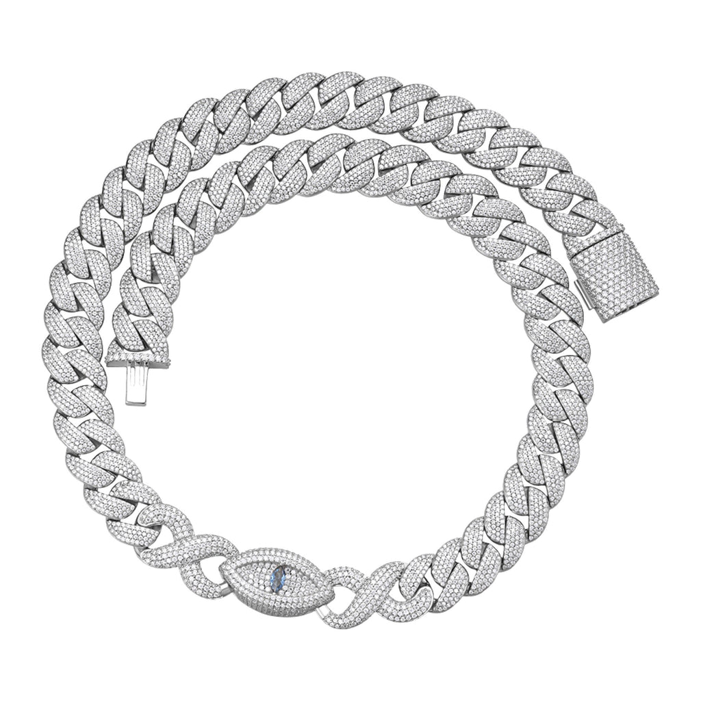 Sterling Silver Round Moissanite 15mm Inifinity Cuban With Evil Eye Designer 22 Inch Mens Necklace RP 27-1/8 Cttw
